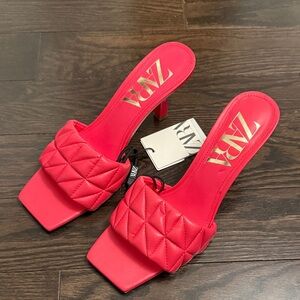 Zara Hot Coral Pink Quilted Heeled Mules